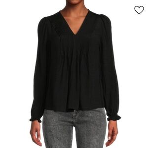 Nanette Lepore Black Pleated V-Neck Peasant Boho Chic Top Size Large